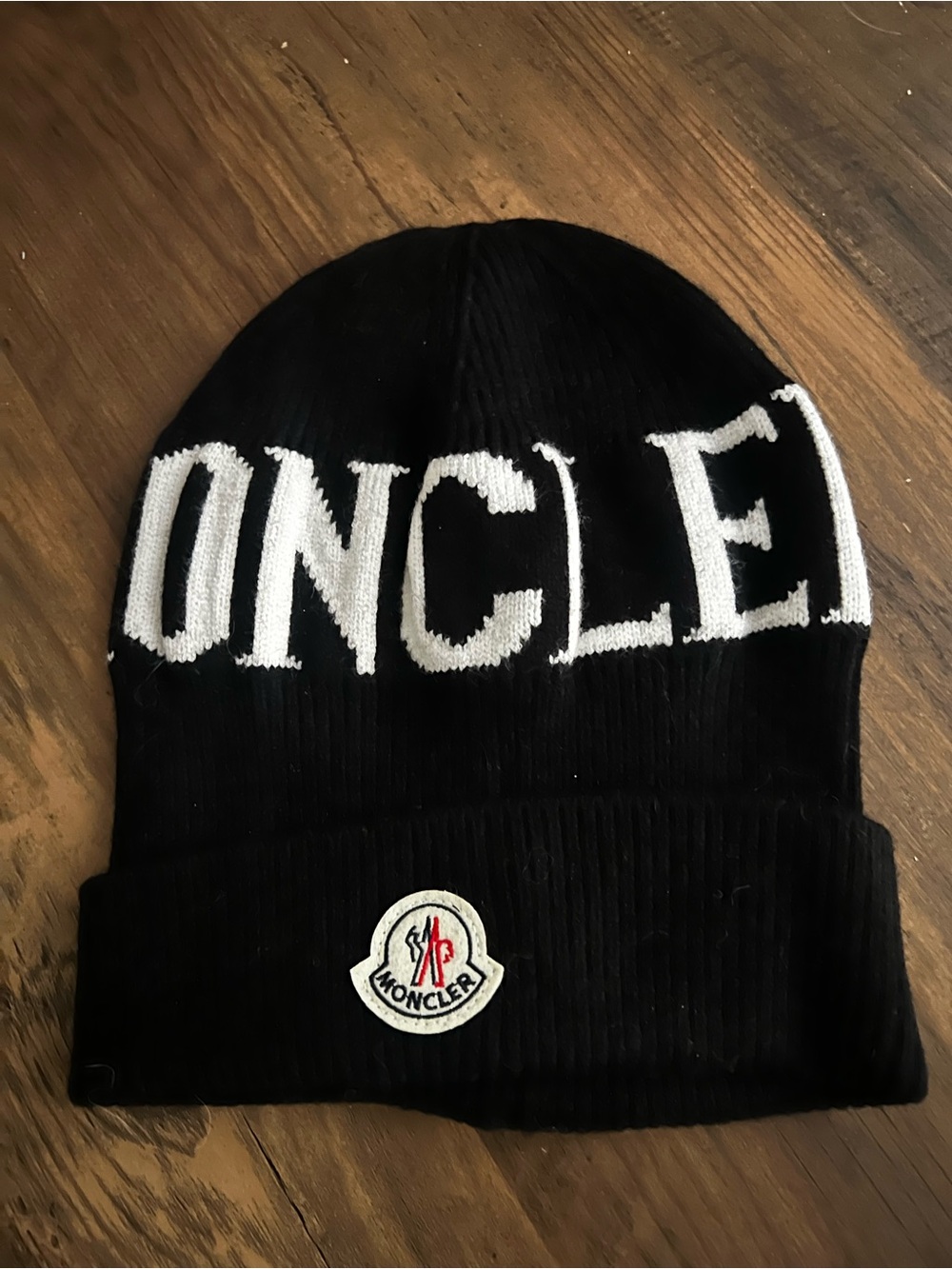 Moncler Black Knit Beanie with White Lettering